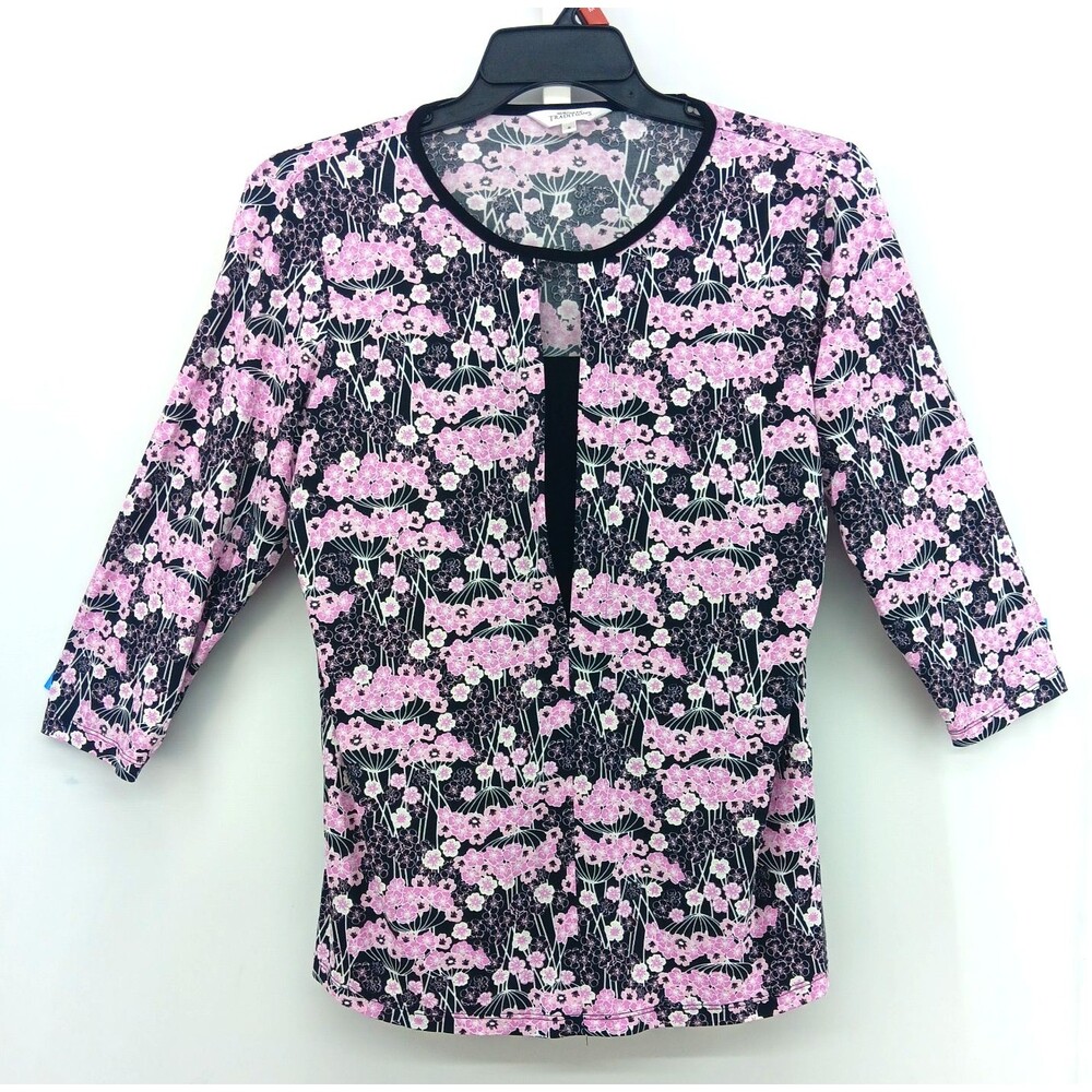 Northern Traditions Blouse Women Small Black Pink Floral Keyhole Neck 3/4 Sleeve